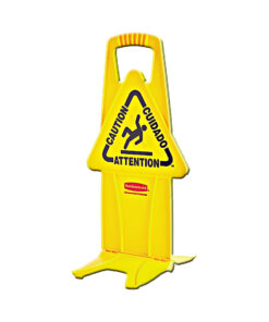 Rubbermaid Multilingual "Caution" Stable Safety Sign, 2 Sided, 26", Yellow